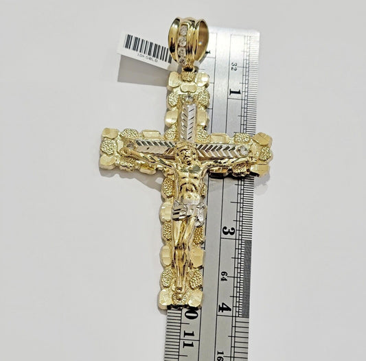 10k Yellow Gold Jesus Cross Charm pendant 4" Inch Mens With Stone Christmas Sale