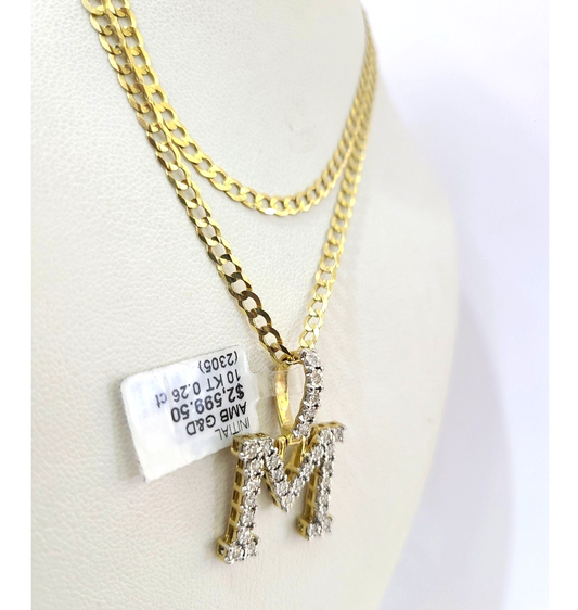 10k Gold Chain Necklace Cuban Curb M Diamond Initial Pendant Set 3mm 20"-30"