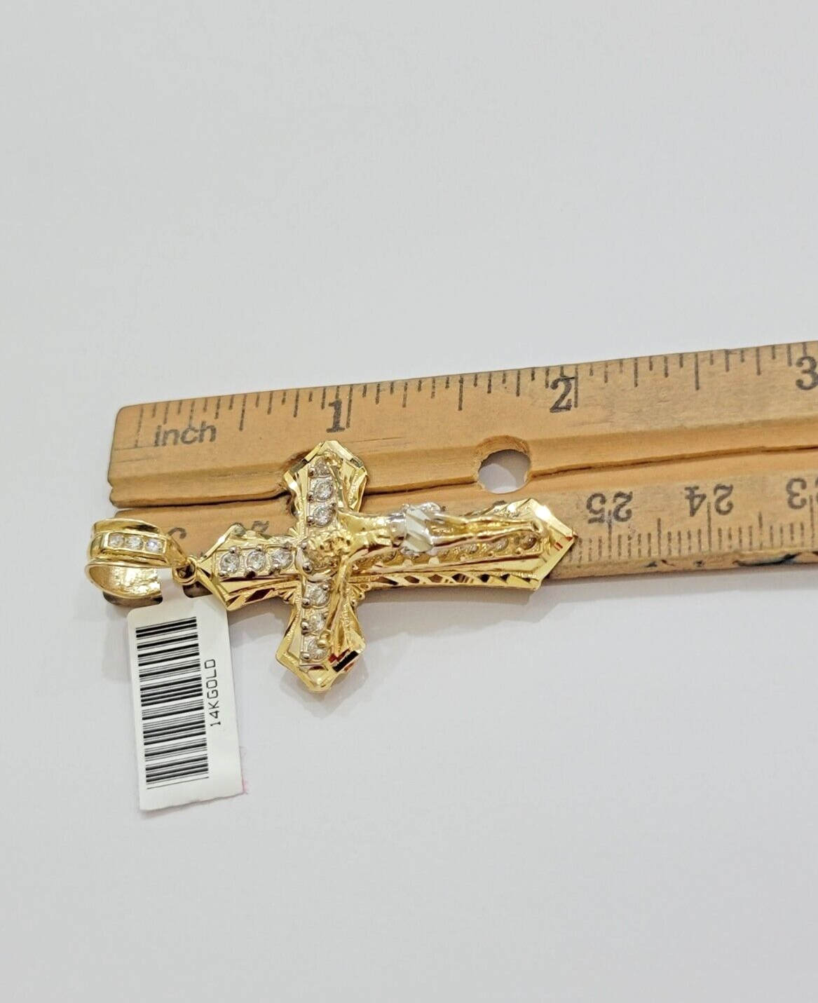 14k Yellow Gold Cross Jesus Crucifix Pendant 2 Inch 14kt CZ Charm Mens REAL 14kt