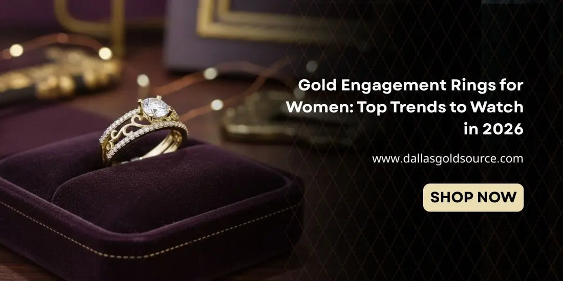 A gold engagement ring with a round diamond and filigree detailing on a purple velvet cushion.