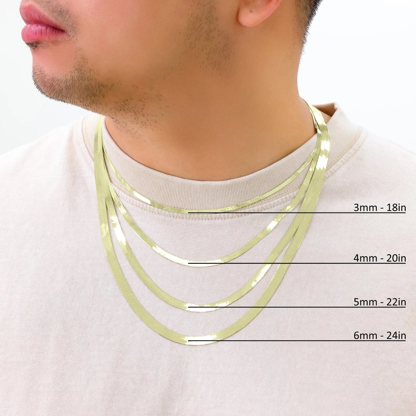 Solid 10K Yellow Gold 3mm-9mm Flat Herringbone Chain Necklace Women Men 16"- 24"