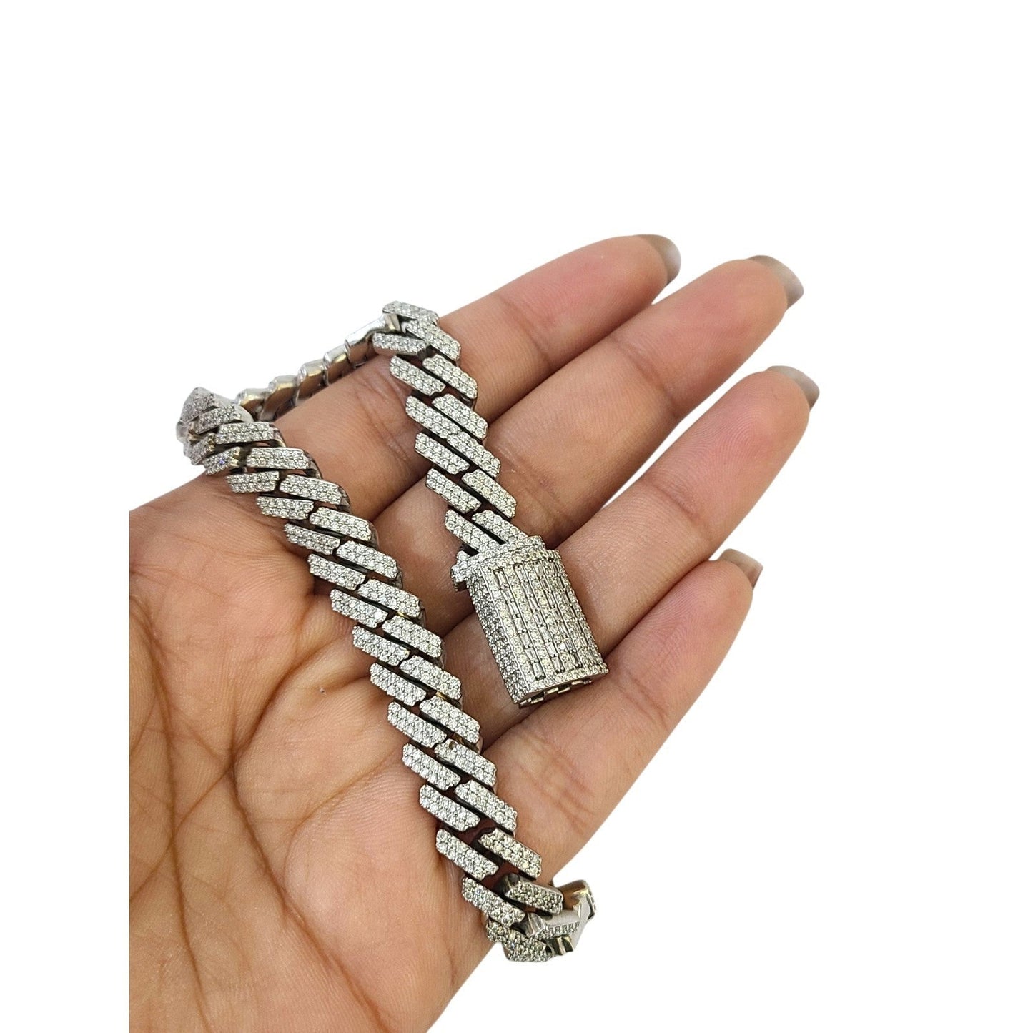 10k White Gold Iced Cuban Link Bracelet Diamond Baguette Hip Hop Style Men