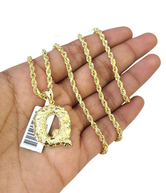 Real 10k Rope Chain Q Initial Charm 3mm 18"-28" Necklace Nugget Set Pendant Gold