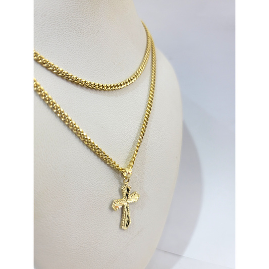 Real Gold 10k Chain Pendant SET Cross Charm Miami Cuban Link Necklace 2.5mm