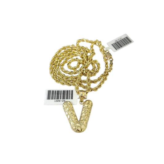 Real 10k Rope Chain V Nugget Initial Charm 3mm 18"-28" Necklace Set Pendant Gold