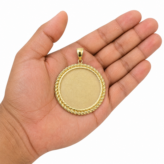 10K Gold Photo Frame Pendant Charm Round Rope Edge Mens Diamond Cut Style