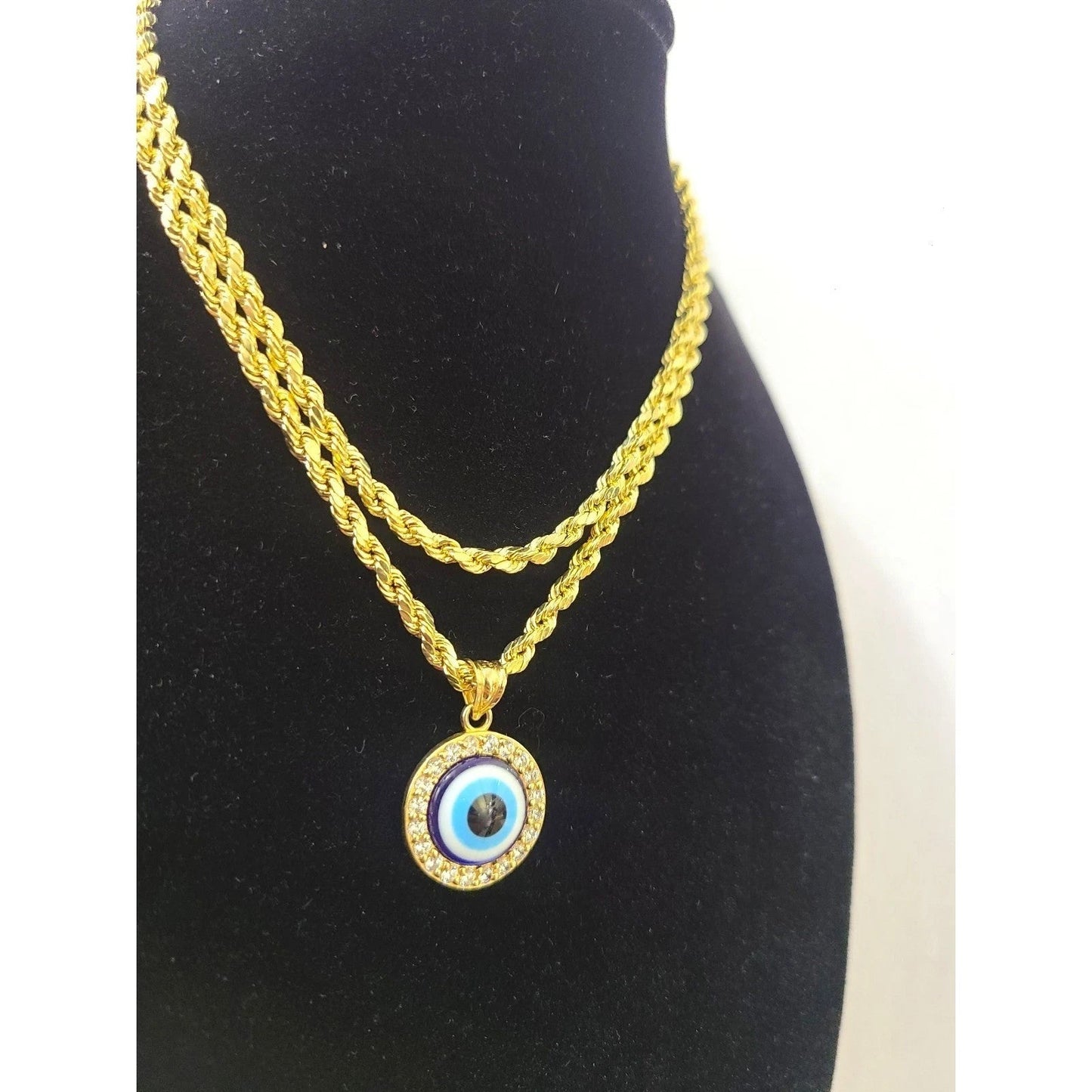 Real 10K Gold Rope Chain 3mm Evil Eye Charm Pendant Set Mens Womens 18"-28"