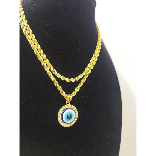Real 10K Gold Rope Chain 3mm Evil Eye Charm Pendant Set Mens Womens 18"-28"