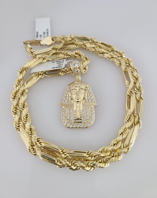 10k Gold Milano Rope Chain Pharaoh Charm 6mm Set 20"-26'' Inches Necklace