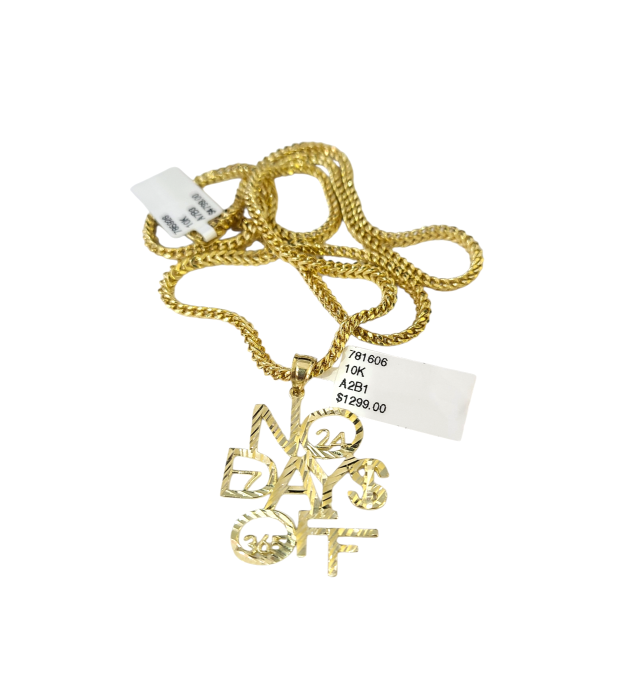 Real 10k Gold Franco Chain No Days Off Charm Pendant Necklace SET 2.5mm 18"-26"