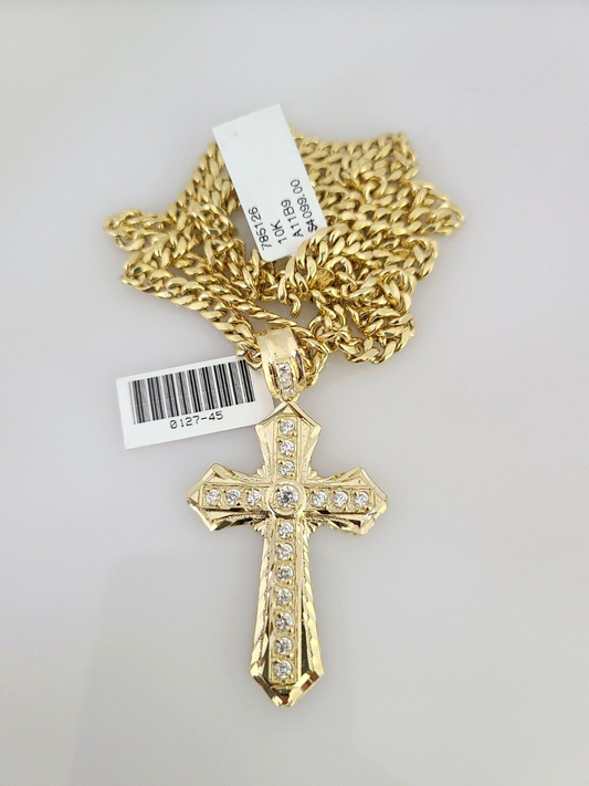 10kt Gold Miami Cuban Chain Jesus Cross Charm Pendant 5mm 18-28Inch Necklace