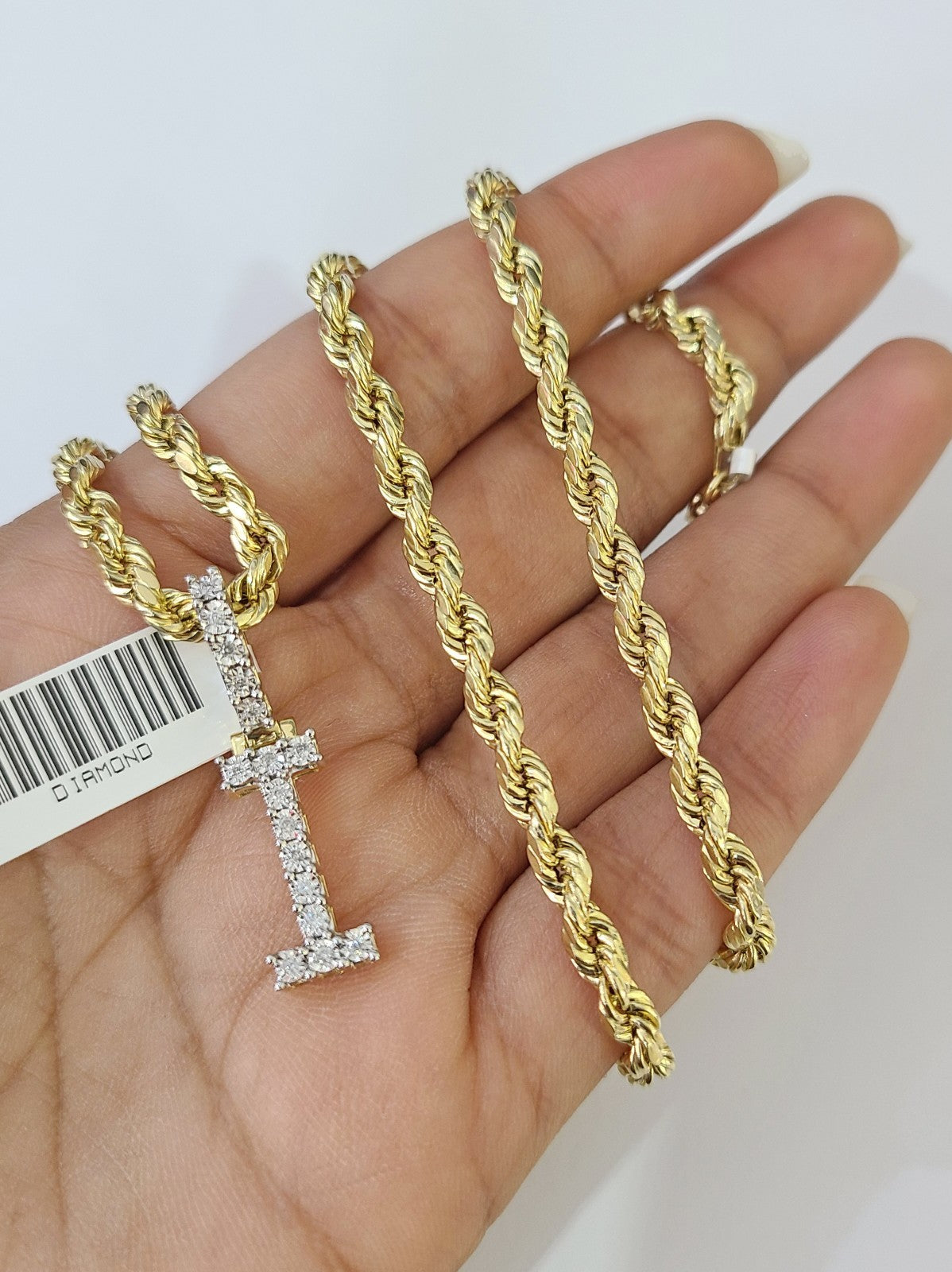 10k Rope Chain I Diamond Initial Charm Necklace Pendant Set 4mm 20"-30" Gold