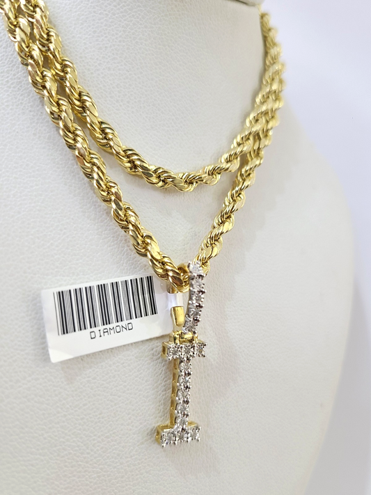 10k Rope Chain I Diamond Initial Charm Necklace Pendant Set 4mm 20"-30" Gold