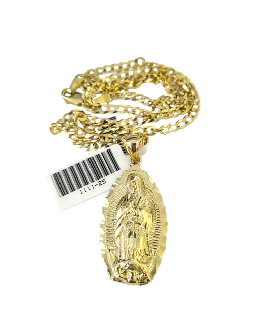 10k Gold Chain Cuban Curb 3mm Necklace Virgin Mary Charm Pendant Set 18"-28"