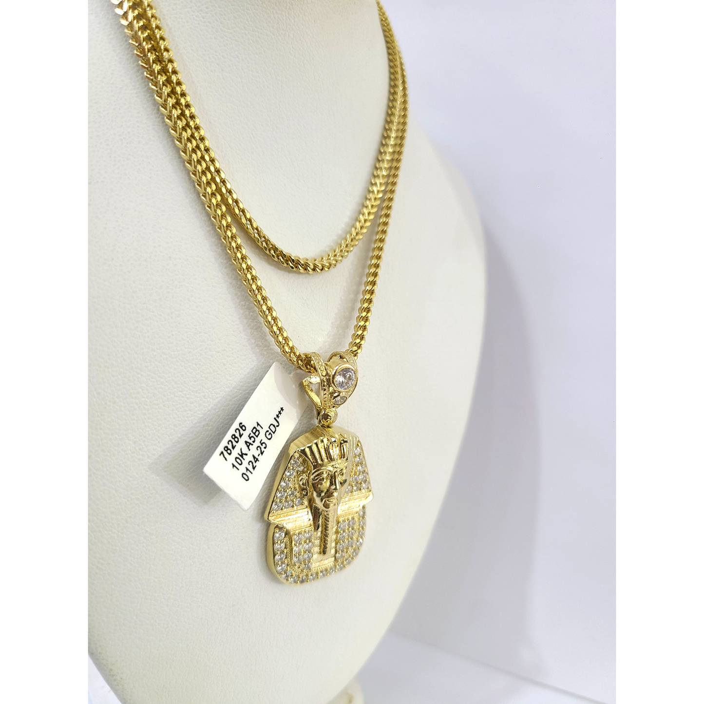 Real 10k Gold Franco Chain Pharaoh Head Charm Pendant Necklace SET 2.5mm 18"-26"