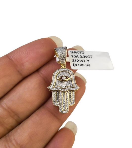 Real 10k Yellow Gold Hamsa Hand Diamond Charm Pendant 1.25'' inch Genuine 10kt