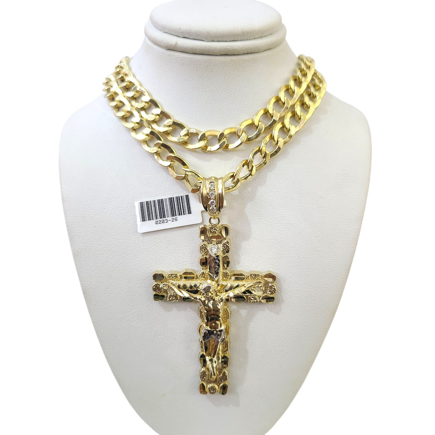 10k Yellow Gold Cuban Curb Chain Nugget Cross Pendant Charm 8mm Necklace Men