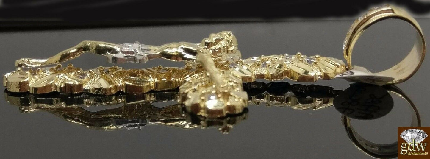 Real 10k Yellow Gold Free Shape Nugget Cross With 26 Inches Miami Cuban Chain