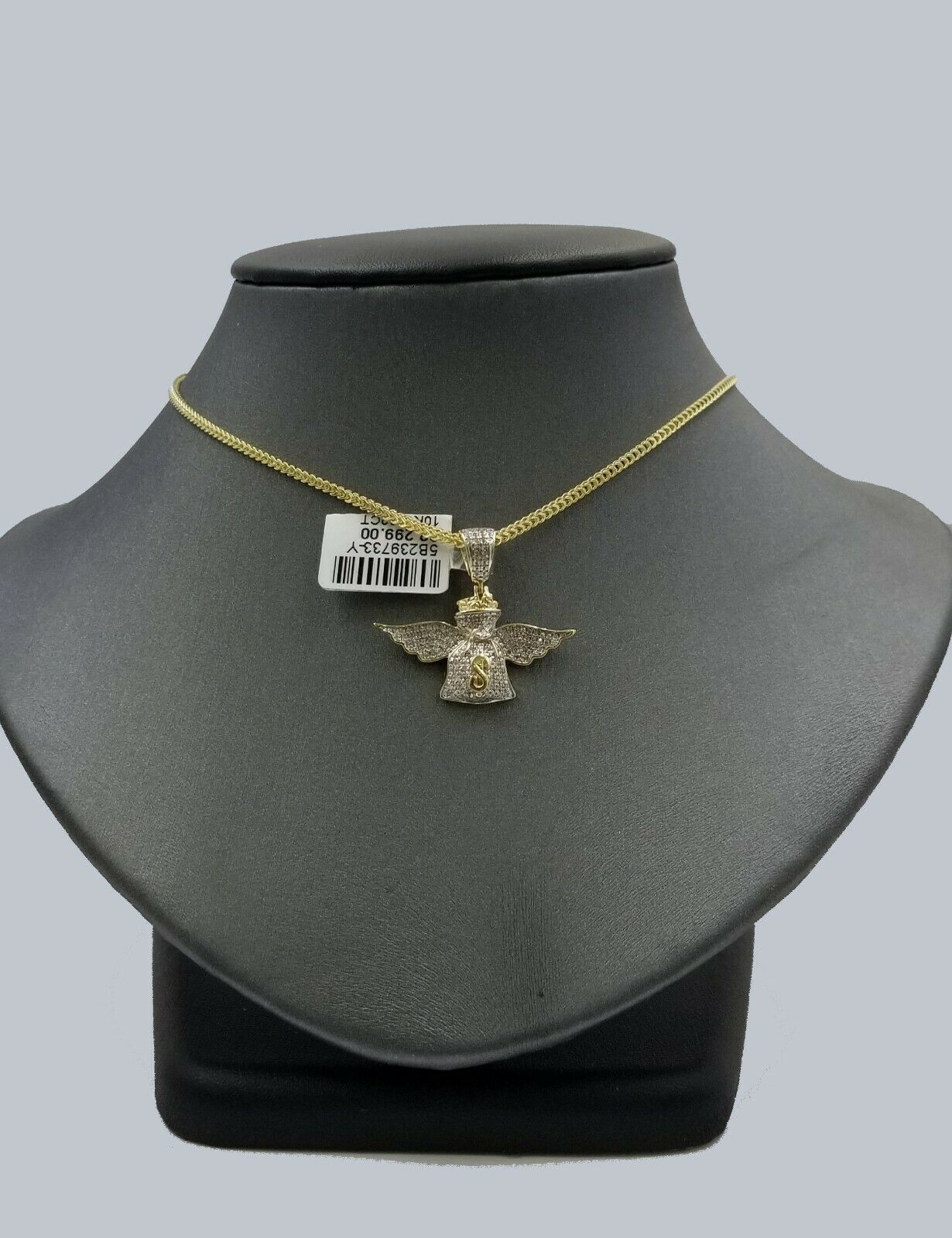 REAL 10k Yellow Gold Diamond Angel Wing Dollar Bag Pendant 3mm 22" Franco Chain