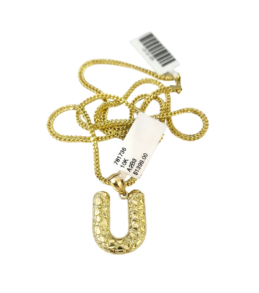 10k Gold Franco Chain 2.5mm U Nugget Initial Charm 16"-26" Pendant Necklace SET