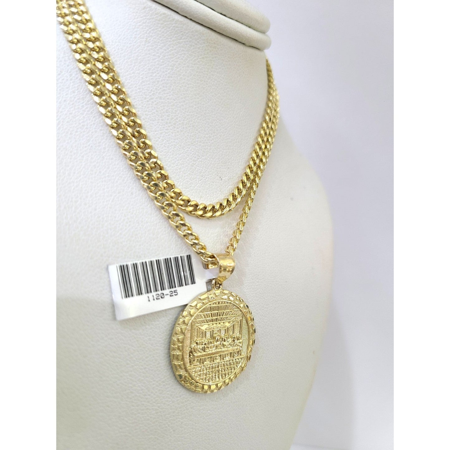 10K Gold Miami Cuban Chain Nugget Last Supper 18"-24" 2mm Pendant Necklace SET