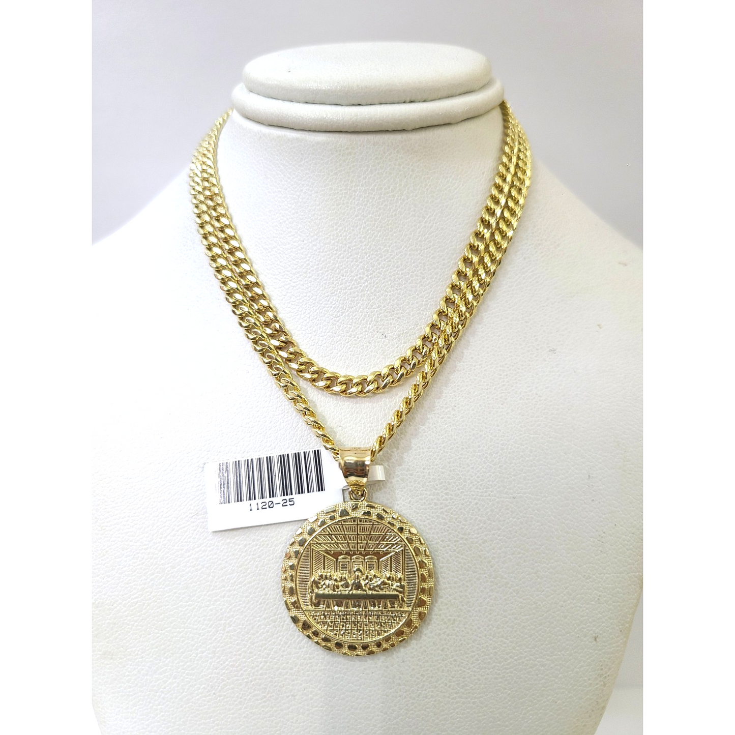 10K Gold Miami Cuban Chain Nugget Last Supper 20"-28" 3mm Pendant Necklace SET