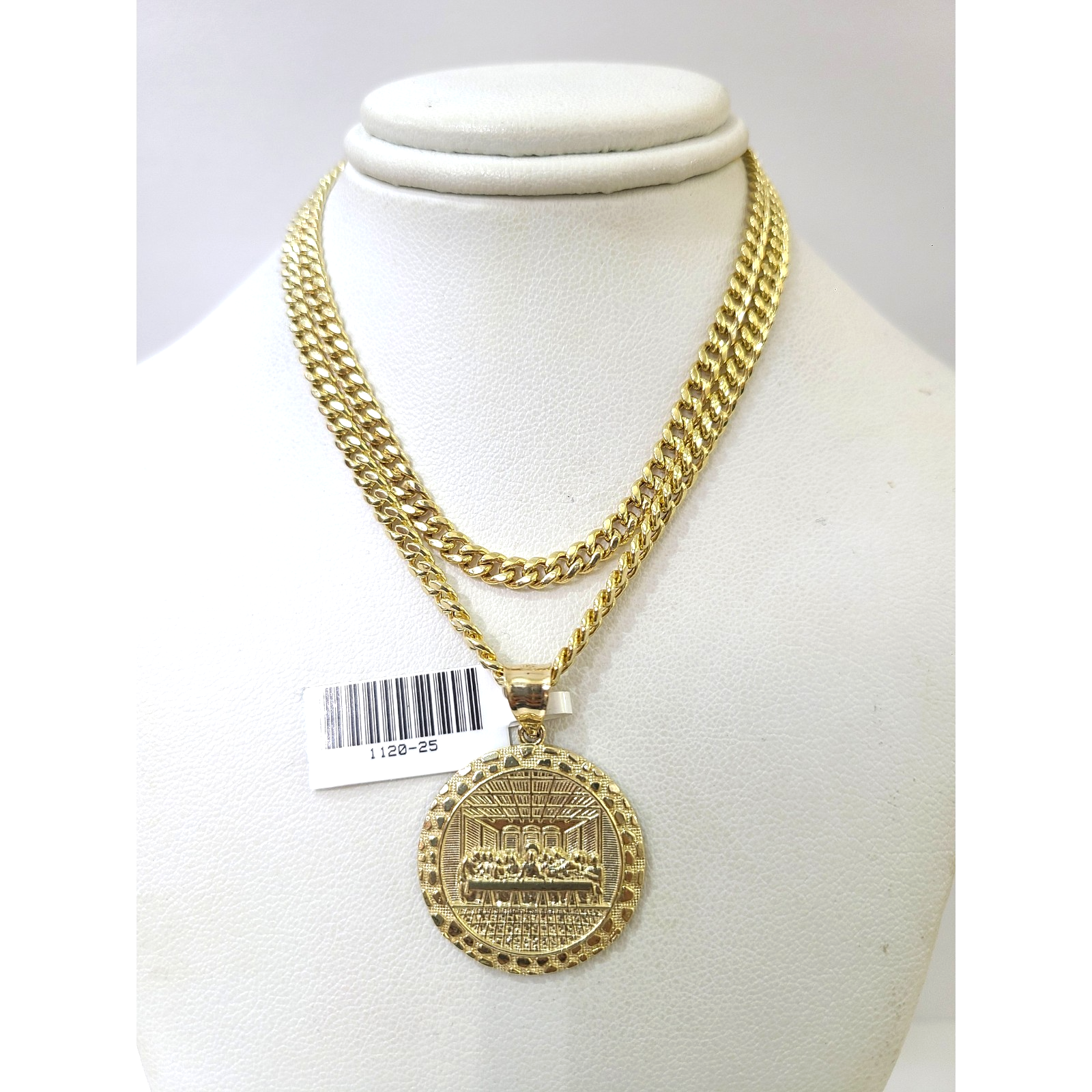 10K Gold Miami Cuban Chain Nugget Last Supper 20"-28" 3mm Pendant Necklace SET