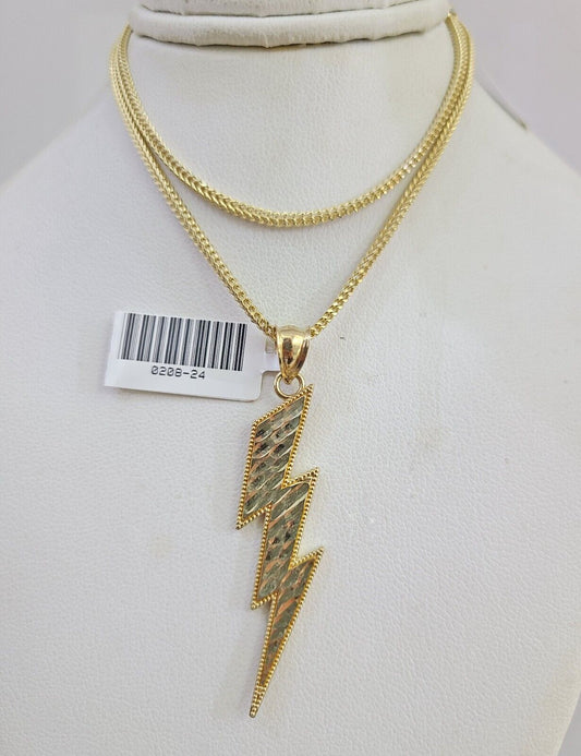 10k Gold Franco Chain Lightning Charm Pendant 2mm 18-24 Inches Necklace SET