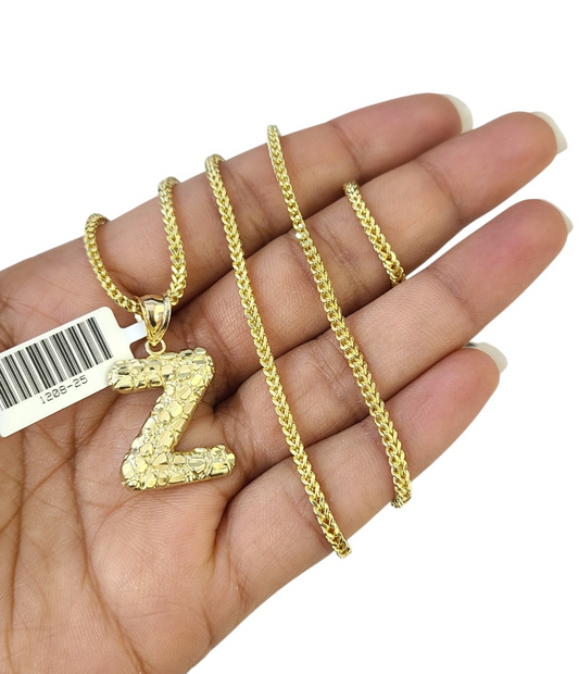 10k Gold Franco Chain Z Nugget Initial Charm Pendant Necklace SET 2.5mm 16"-26"