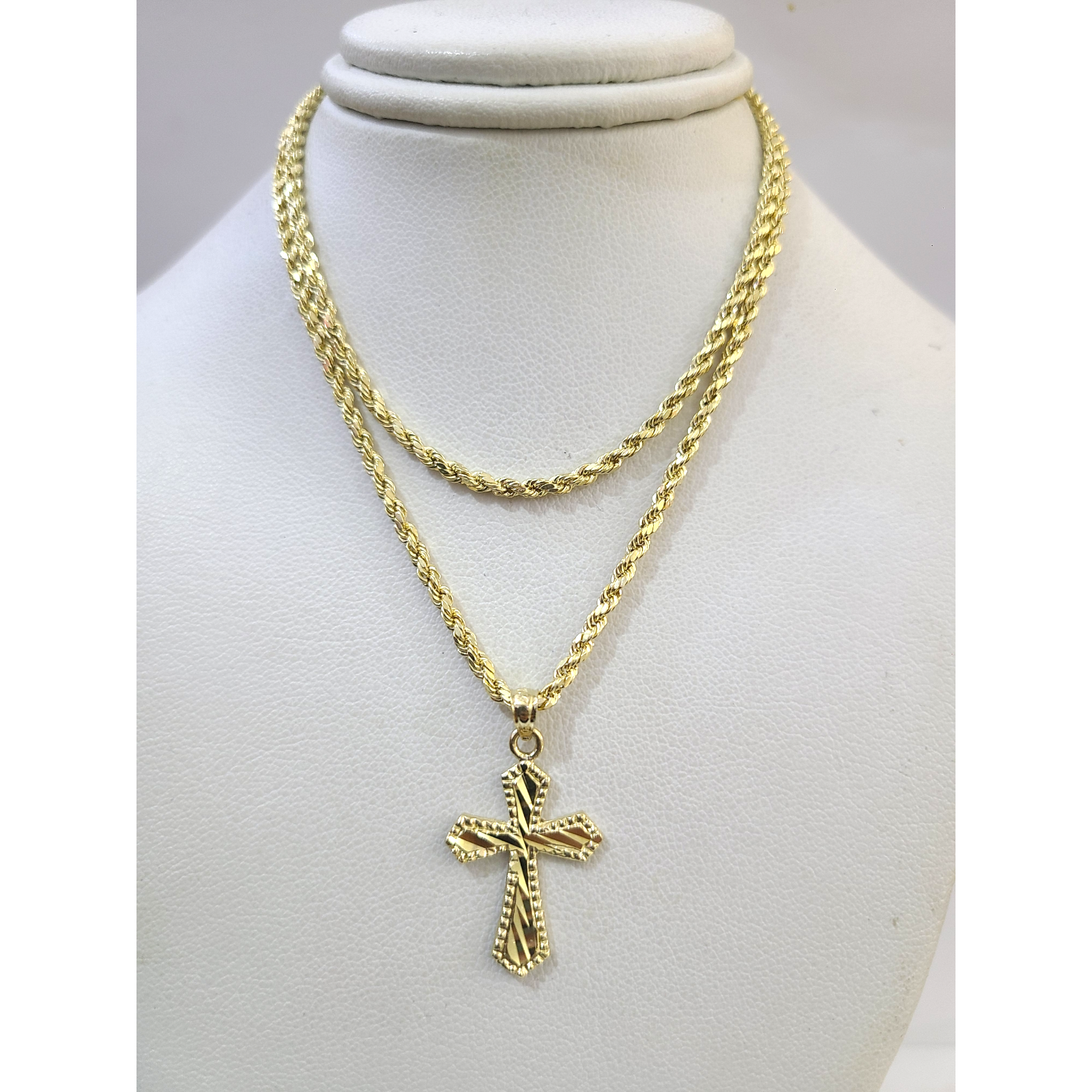 Real Gold 10k Rope Chain Cross Charm Necklace Pendant Set 2mm 16"-26" Gold