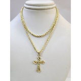 Real Gold 10k Rope Chain Cross Charm Necklace Pendant Set 2mm 16"-26" Gold