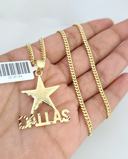 10k Gold Solid Miami Cuban Necklace Star Dallas Pendant 2.5mm 18-24" Chain Set