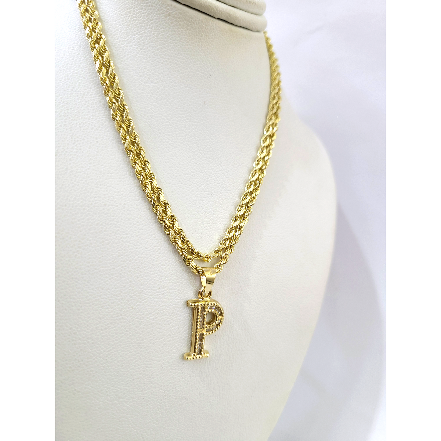 10k 2.5mm Rope Chain P Initial Alphabet Pendant 16"-28" Gold Set Charm Necklace