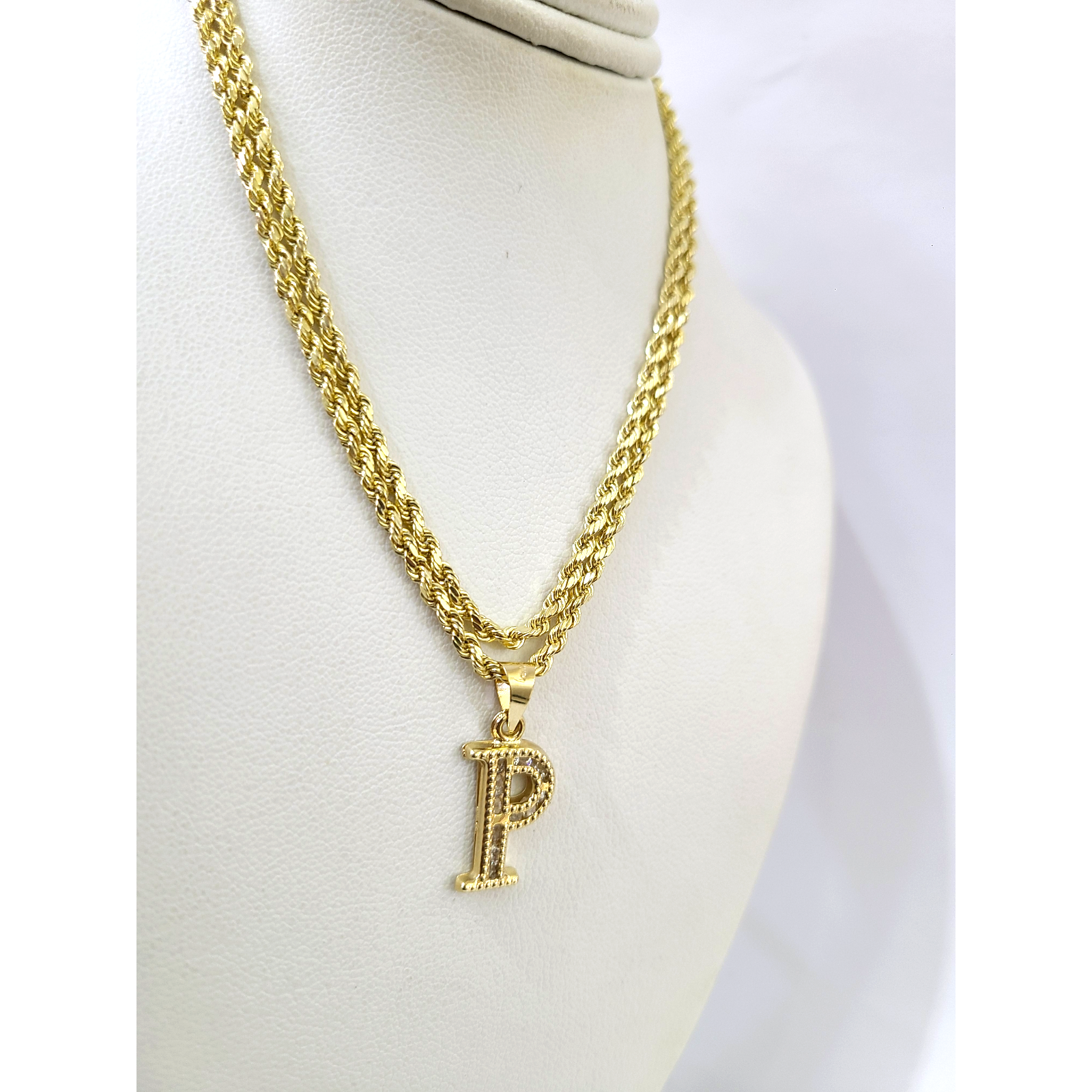 10k 2.5mm Rope Chain P Initial Alphabet Pendant 16"-28" Gold Set Charm Necklace