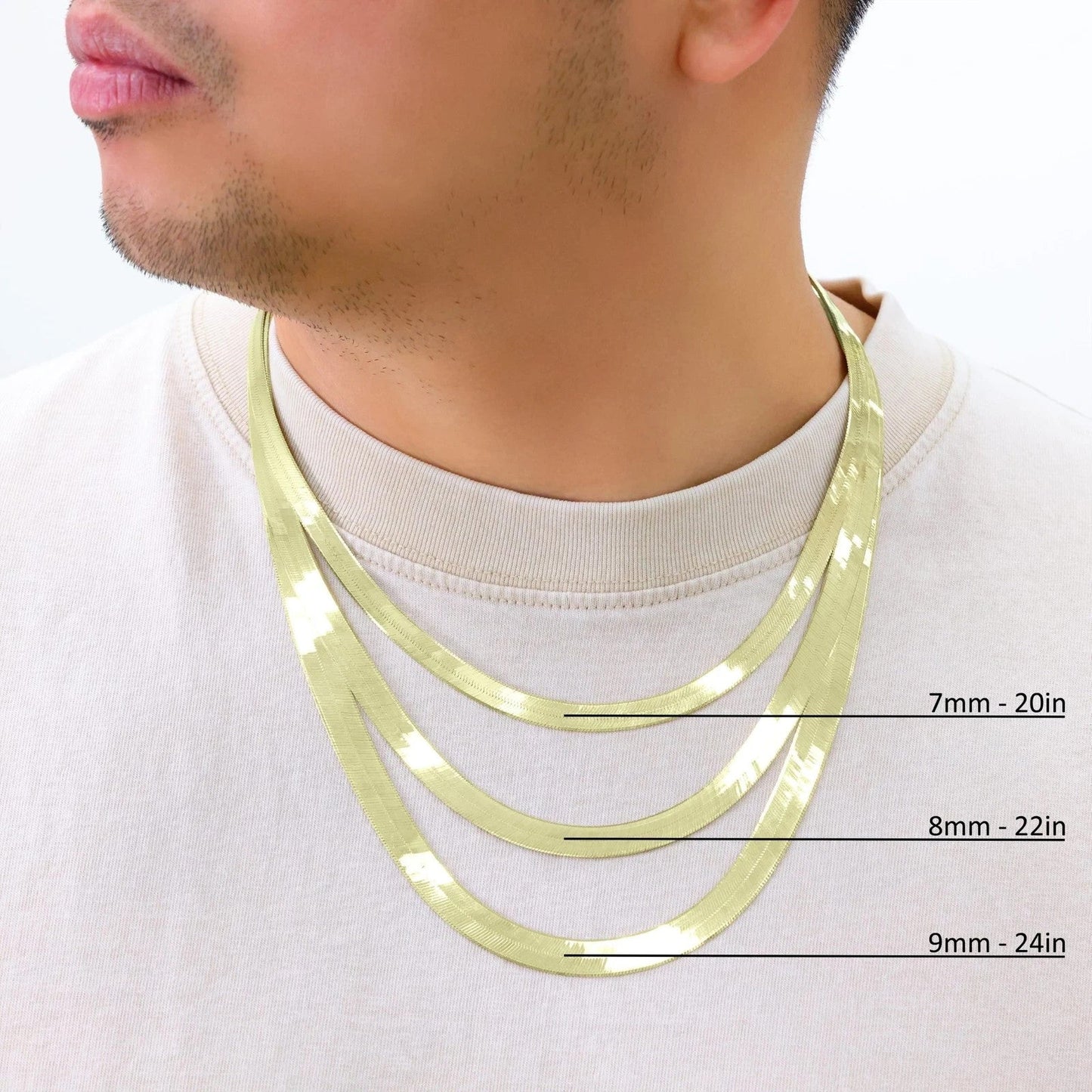 Solid 10K Yellow Gold 3mm-9mm Flat Herringbone Chain Necklace Women Men 16"- 24"