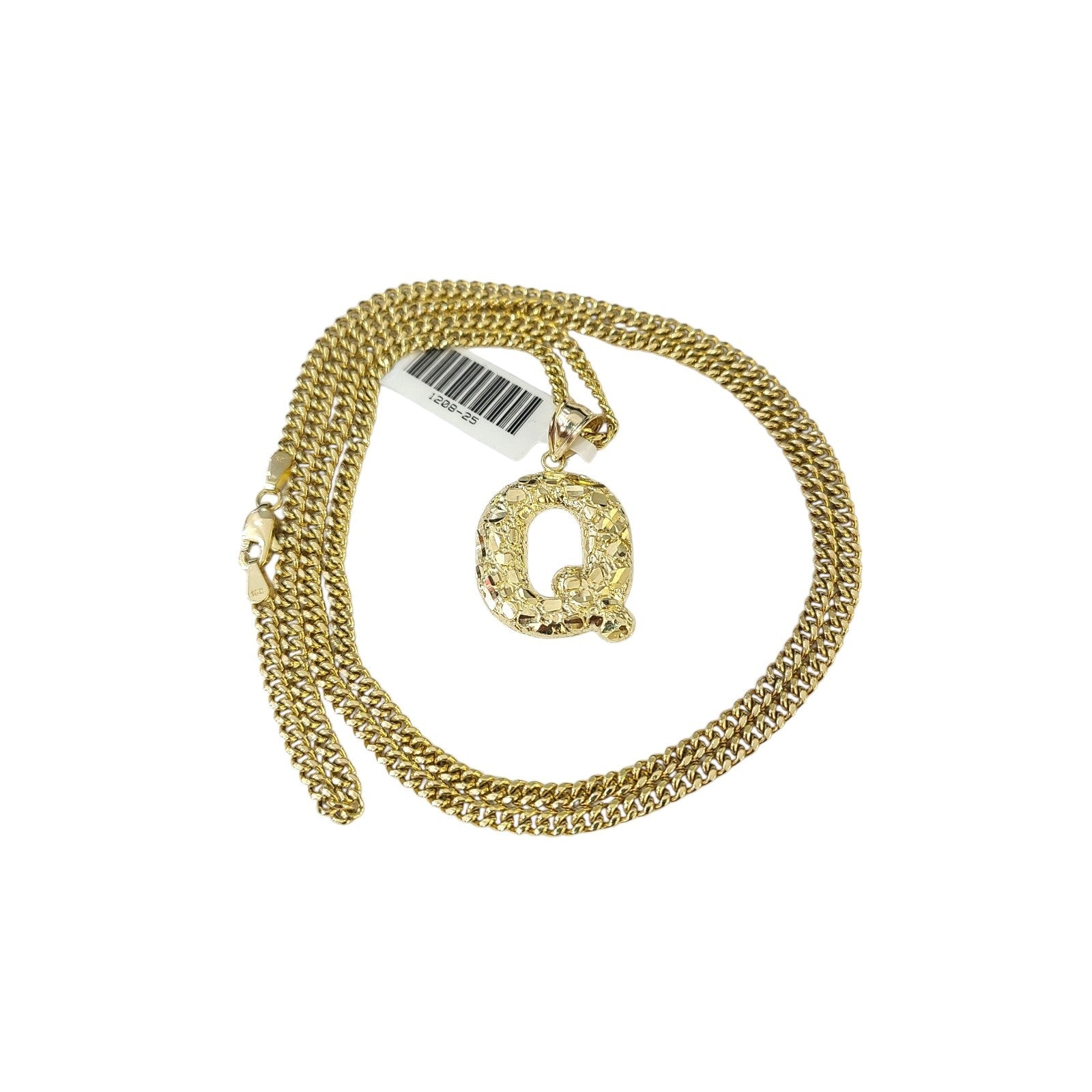 Real Gold 10k Chain Miami Cuban Link 2.5mm Q Initial Charm Necklace Pendant SET