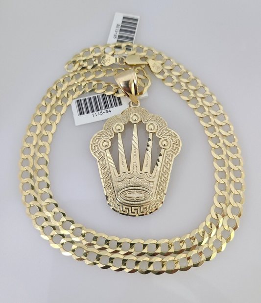 10k Gold Solid Cuban Curb Chain Necklace Crown Pendant Set 6mm 20"-30" Charm
