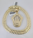 10k Gold Solid Cuban Curb Chain Necklace Crown Pendant Set 6mm 20"-30" Charm