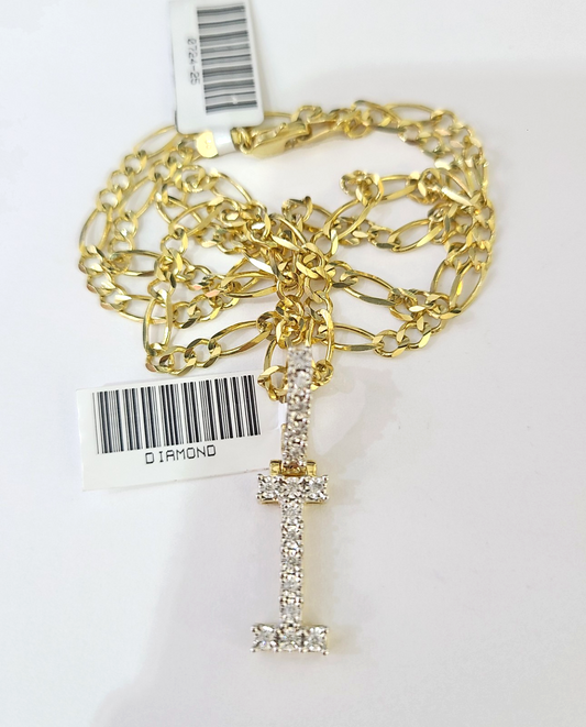 10k Gold Figaro Chain I Diamond Initial Pendant 3mm 20-28 inch SET Necklace