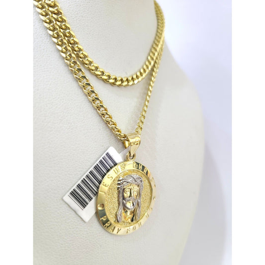 10K Gold Miami Cuban Chain Jesus Christ 20"-28" 3mm Pendant Necklace SET