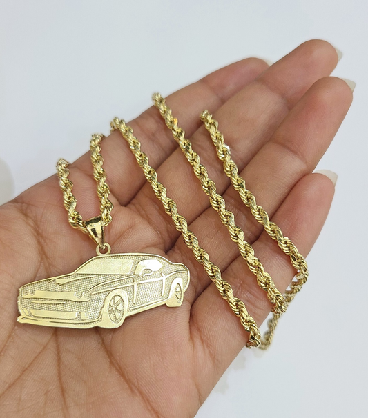 REAL 10k Rope Chain Car Challenger Charm Pendant 3mm Necklace Set 18"-28" in