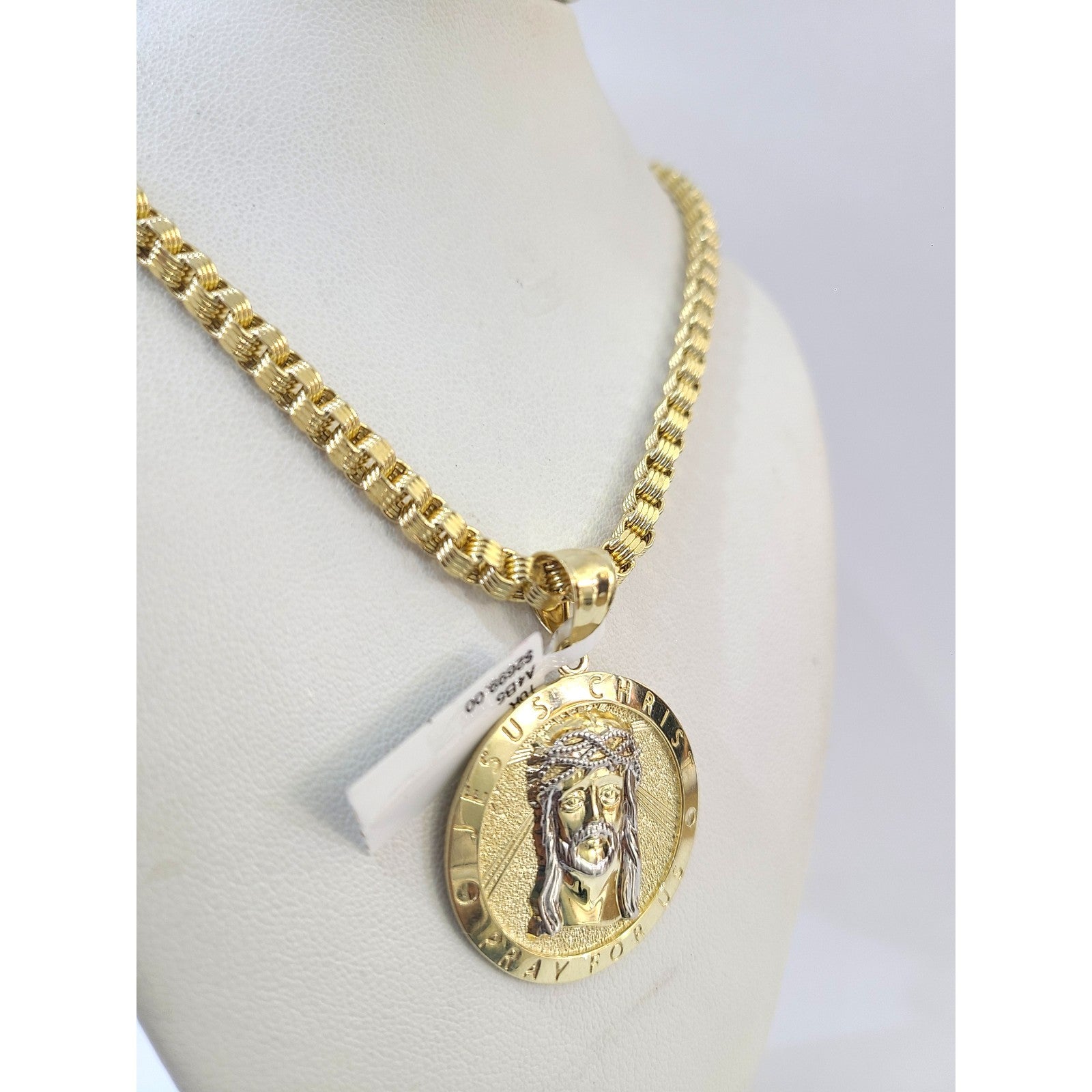 10K Gold Byzantine Chain Jesus Christ 20"-28" 4mm Pendant Charm Necklace SET