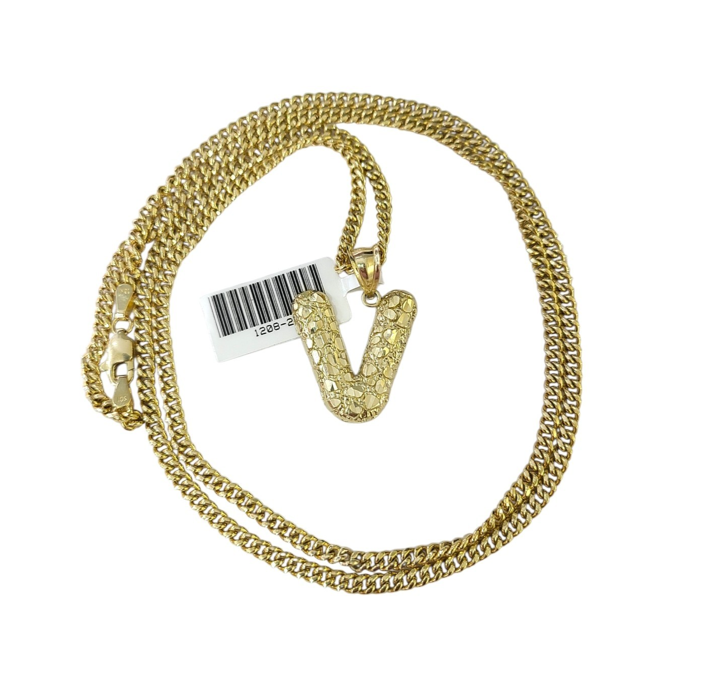 Real Gold 10k Chain Miami Cuban Link 2.5mm V Initial Charm Necklace Pendant SET