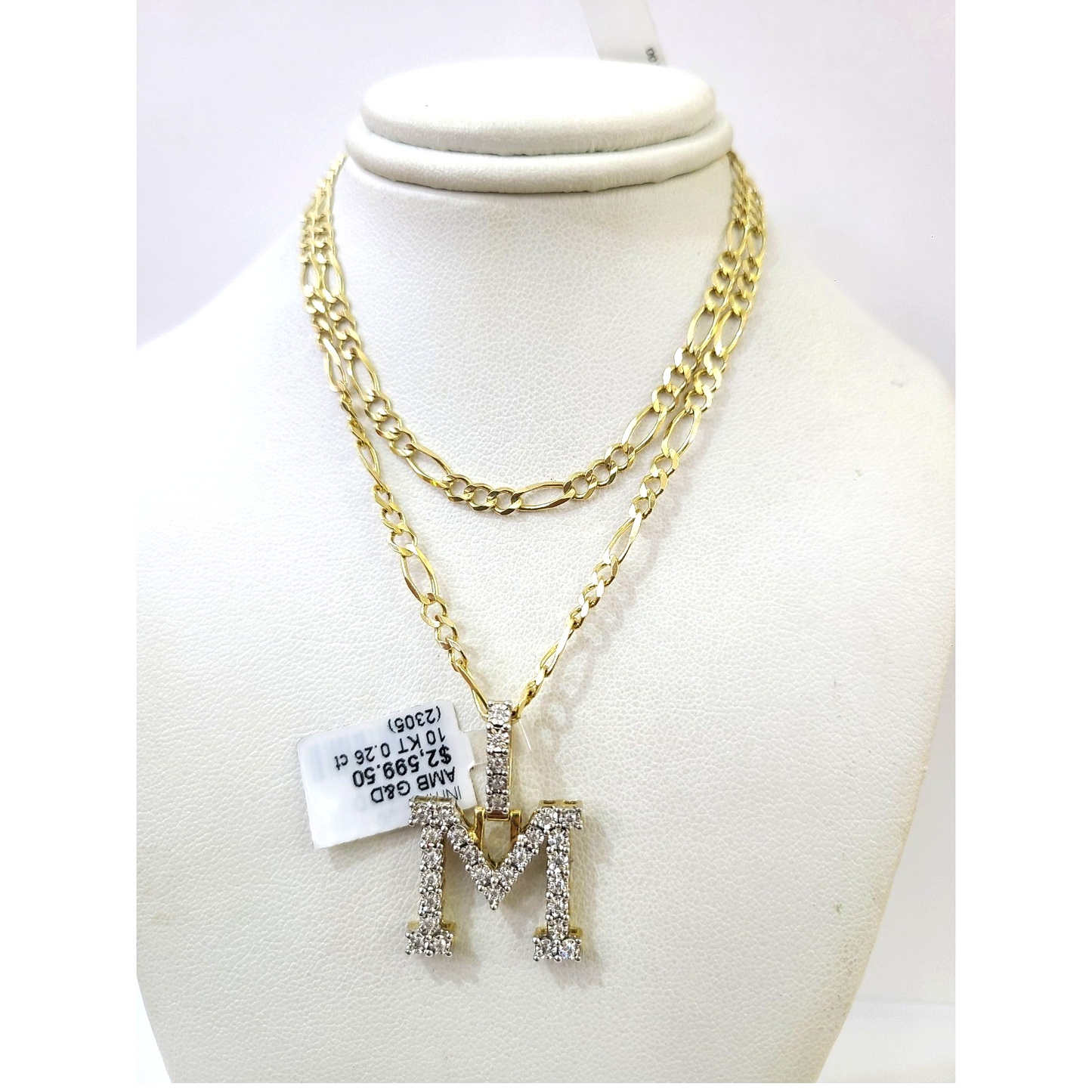 10k Gold Figaro Chain M Diamond Initial Pendant 3mm 20-28 inch SET Necklace
