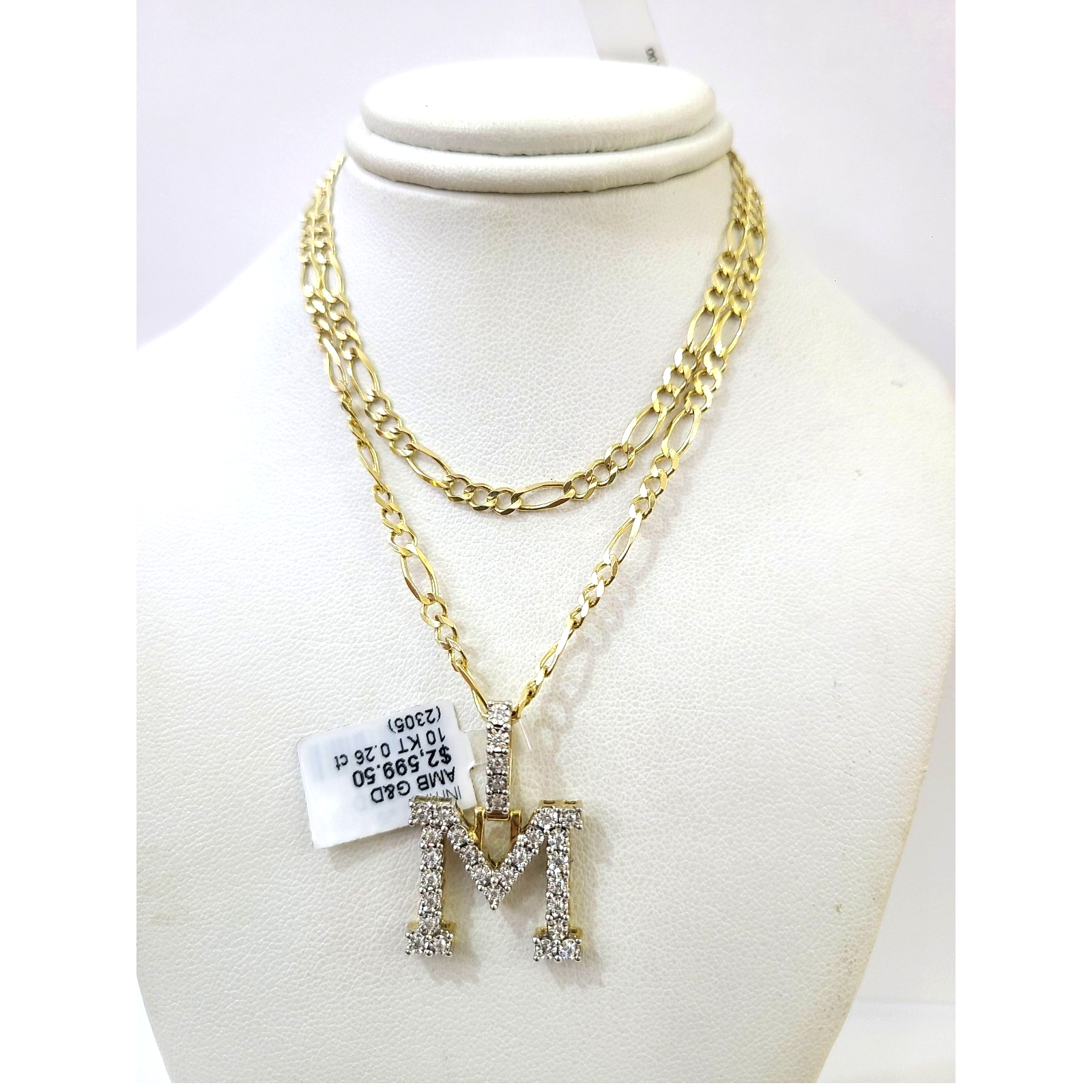10k Gold Figaro Chain M Diamond Initial Pendant 3mm 20-28 inch SET Necklace