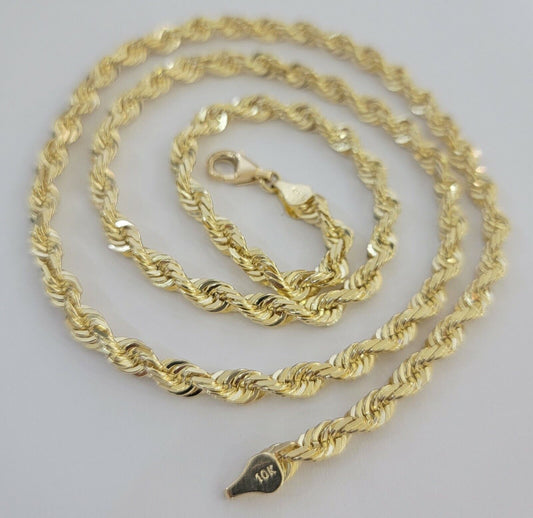 10k Yellow Gold Rope Chain Necklace 5mm Solid link Diamond Cut 22" Men Women