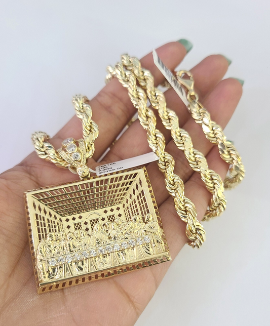 10k Rope Chain Last Supper Charm Pendant Yellow Gold 18"-30'' Inch 7mm Necklace