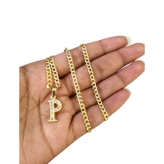 10k Gold Cuban Curb Chain Necklace P Initial Alphabet Pendant Charm 3mm Necklace