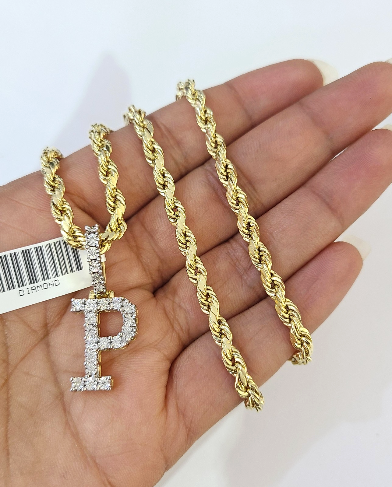 10k Rope Chain P Diamond Initial Charm Necklace Pendant Set 4mm 20"-30" Gold