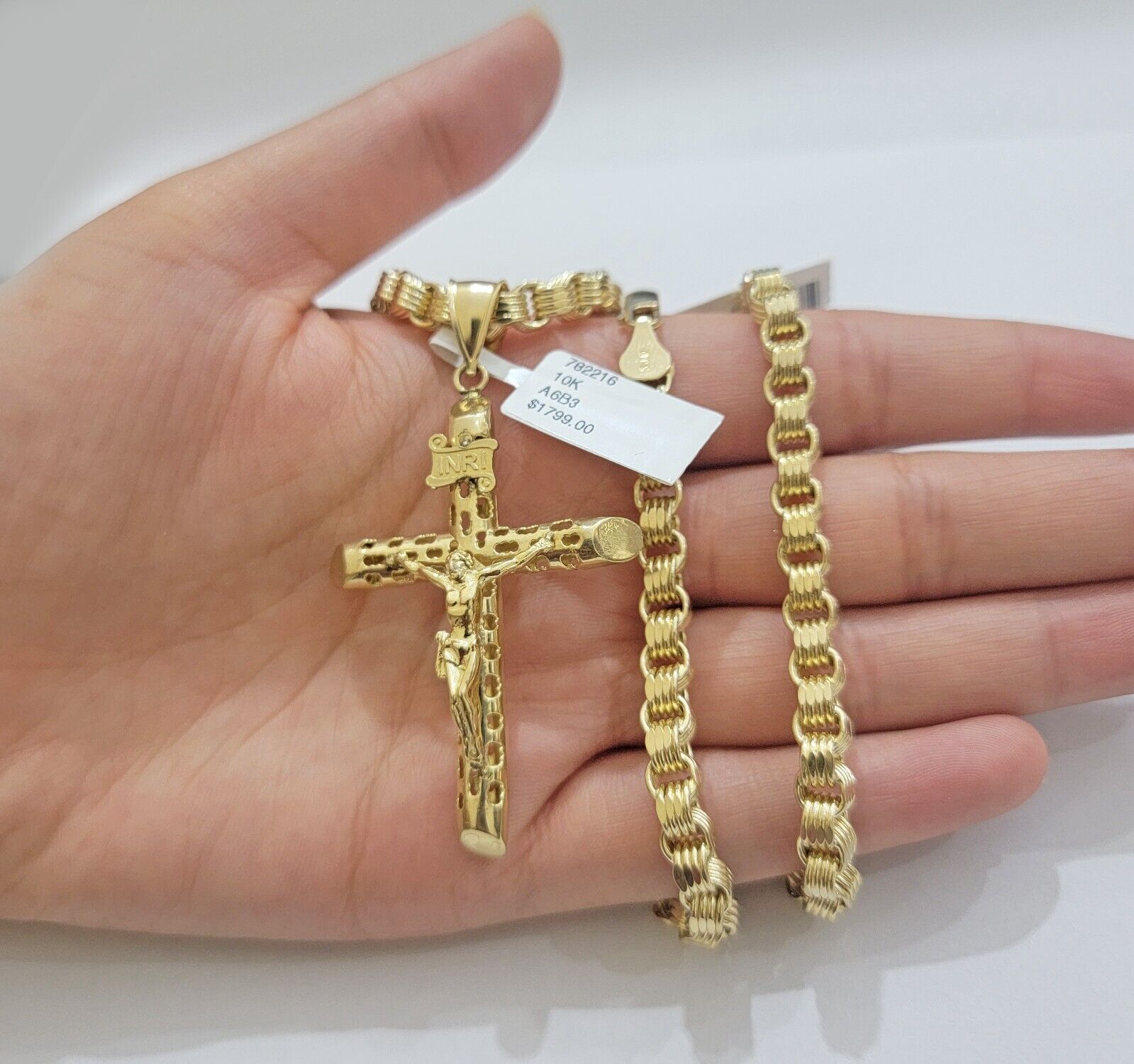 Real 10k Gold byzantine Chain Pendant Set 5mm Necklace With Jesus Cross Charm